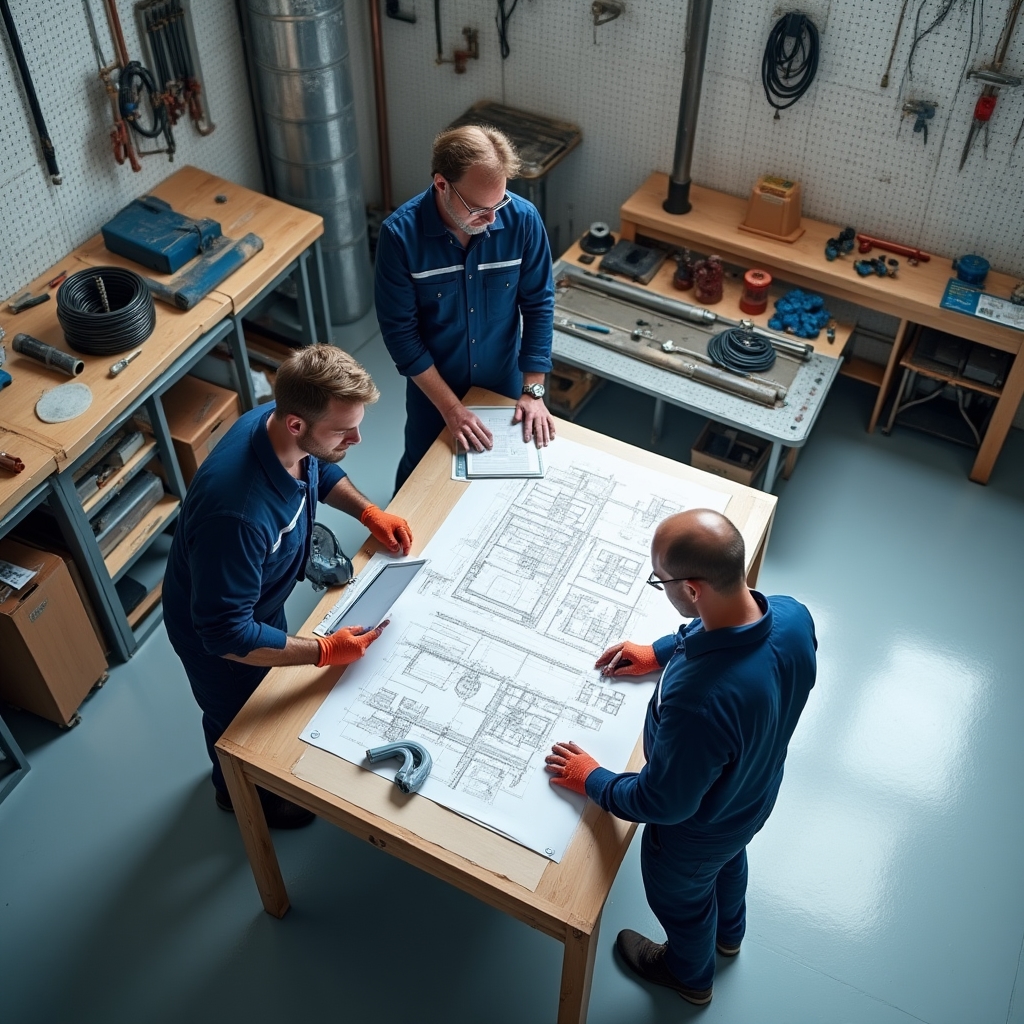 Team di tecnici idraulici ed elettrici che collaborano su un progetto residenziale